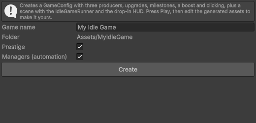 New Idle Game wizard
